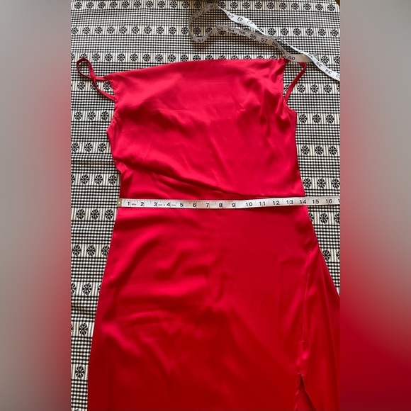 Satin Drape Neck Strappy Midi Party Dress Sz M Split Slit Red Sleeveless Cowl - Picture 12 of 16